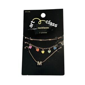 Art Class Necklaces 3 Piece Set‎ Colorful Hearts & Initial M Charm Gold Tone